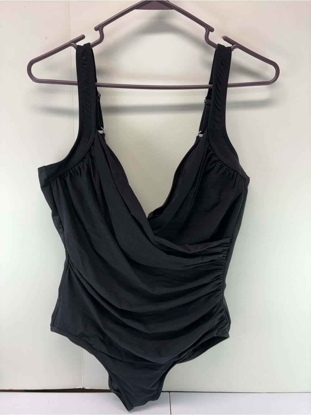 Miraclesuit Black One Piece Swimsuit Surplice Ruched Womens Size 16 US
